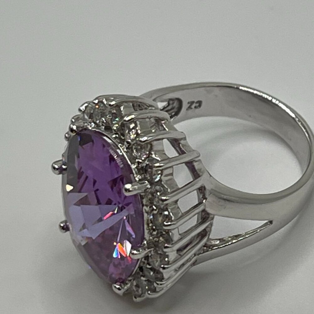 Large Oval Purple CZ & Clear Accents‎ Sterling Silver Ring 925 Marked